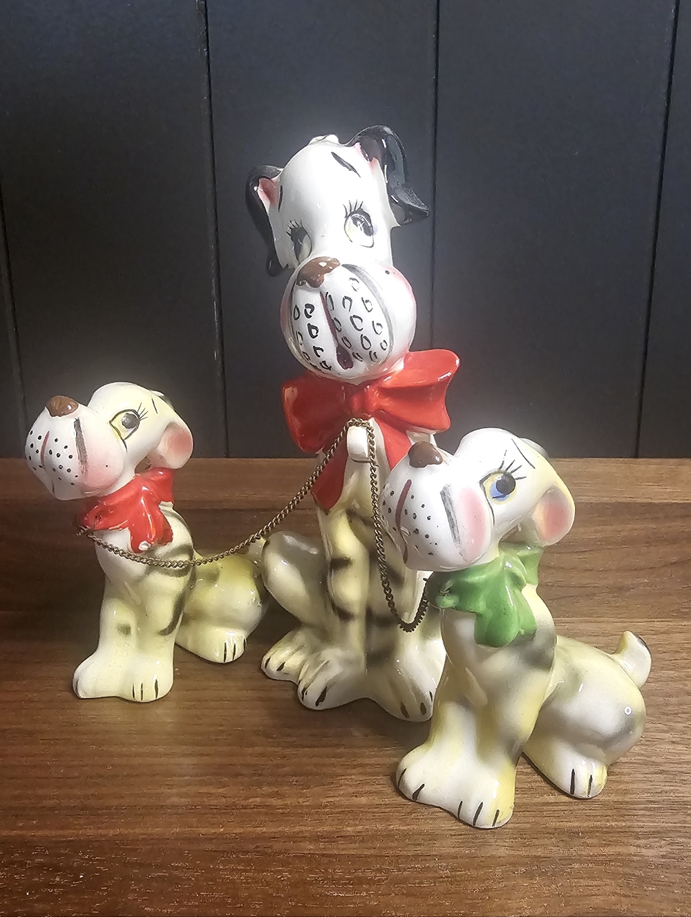 Vintage Set Of Three Ucago Mother Dog and Pups on Leash Figurines Made in Japan